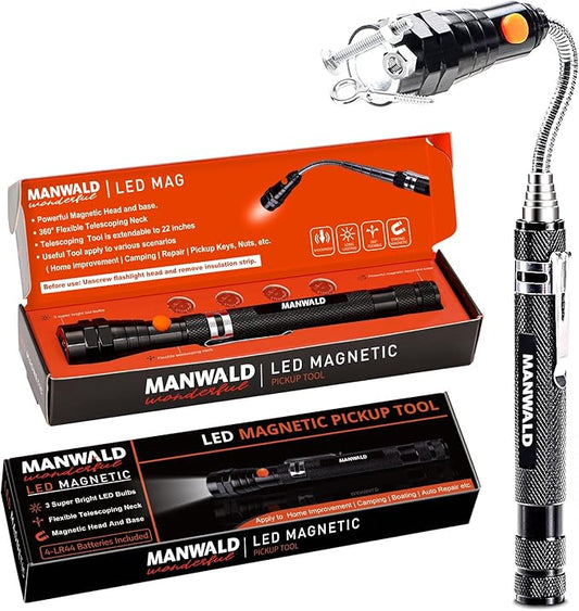 LED Magnetic Pickup Tools, Christmas Stocking Stuffers for Men Adults, Telescoping Magnetic Flashlights with Extendable Magnet Stick, Birthday Gifts for Men, Him, Dad, Boyfriends, Black