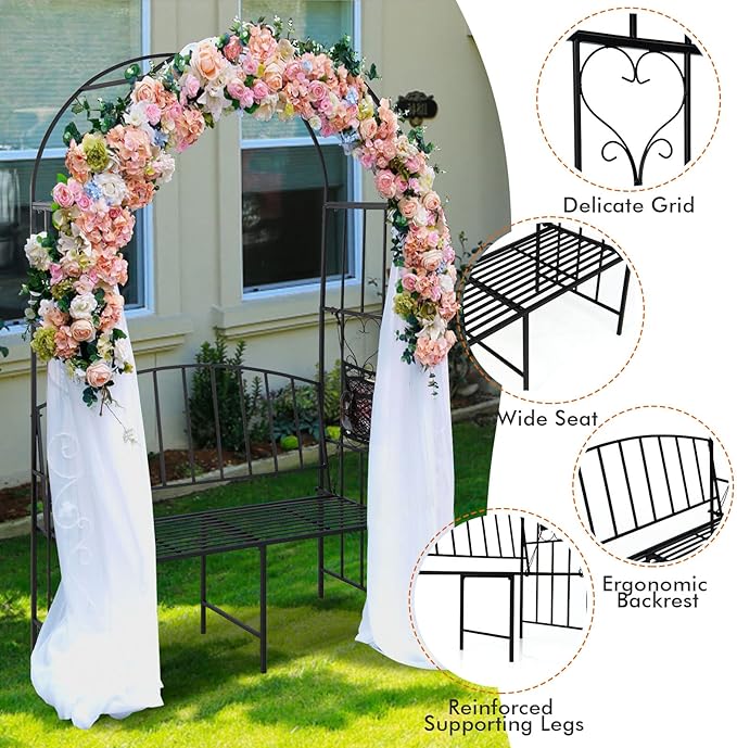Giantex 81in Metal Garden Arch with Bench, Outdoor Garden Arbor Archway Trellis for Climbing Plants Vines, 2-Person Bench Loads 660 lbs, Patio Trellis Pergola Arches for Wedding Party Ceremony Decor