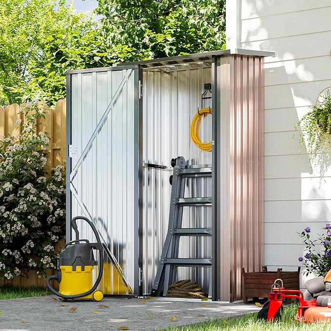 Aoxun 30x21 in Outdoor Storage Cabinet Metal Garden Shed, Indoor& Outdoor Waterproof Vertical Storage Shed for Patio Garden, Garage, Porch (Brown, 22 Cu.Ft)