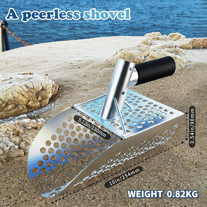 Long Handle Sand Scoop,with Metal Detector Pinpotiner,Stainless Steel Beach Metal Detecting Shovel for Adults, Ideal for Underwater Treasure Hunting,Beach Sifting，Excavation Tools