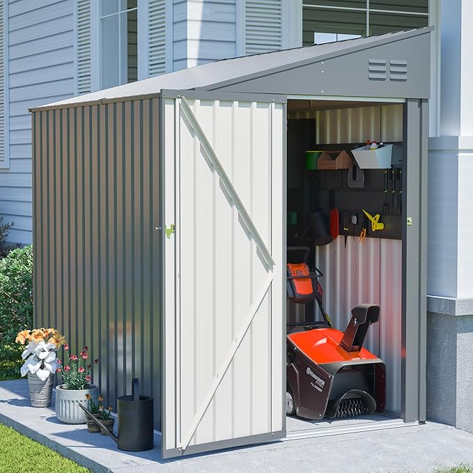 4×7 FT Outdoor Metal Storage Shed,Heavy-Duty Lean to Storage Shed with Lockable Door and Reinforced Beams,All Weather Waterproof Storage House W/2 Air Vents,for Backyard,Patio,Lawn,Dark Gray