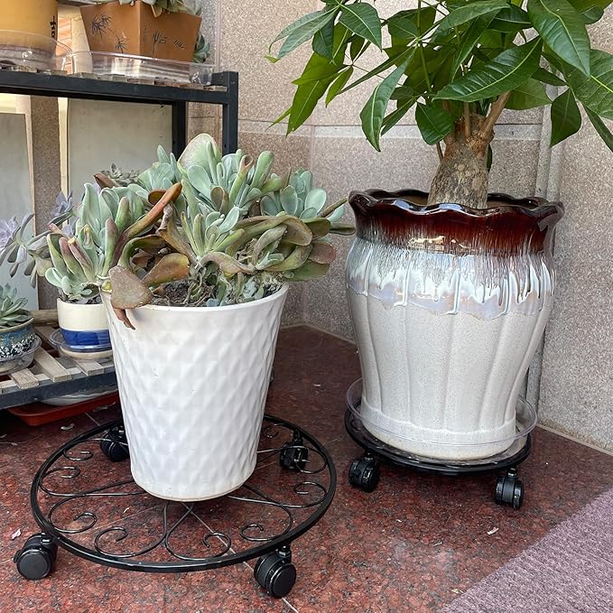 6 Pack Metal Plant Stand with Wheels 13.5 Inch Plant Caddy with Wheels Heavy Duty Wrought Iron Rolling Plant Stand Plant Dolly Plant Rollers Plant Cart Plant Mover with 6 Pack Plant Saucers