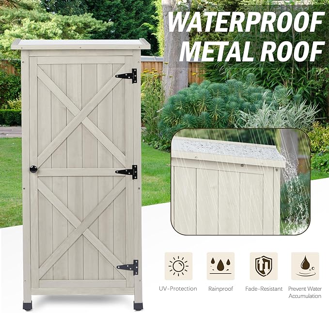 Wooden Outdoor Storage Cabinet, Vertical Garden Tool Shed with Waterproof Metal Roof & 2 Adjustable Shelves Ideal for Yard, Patio, Deck and Porch (Gray, 20" x 24" x 48")