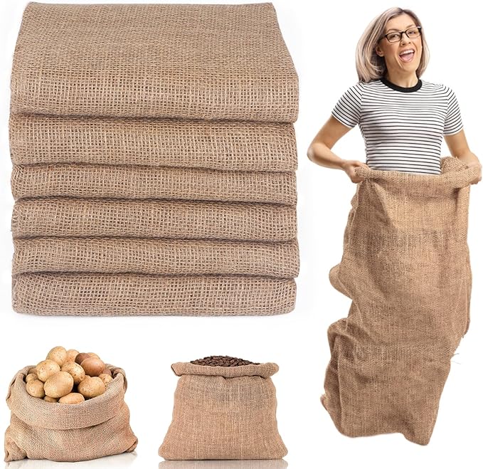 Kmise Burlap Potato Sack Race Bags (Pack of 6),48"x25" Large Natural Jute Burlap Sacks for Kids & Adults, Reusable Eco-Friendly Grow Bag for Field Day Games, 3-Legged Races & Harvest Storage