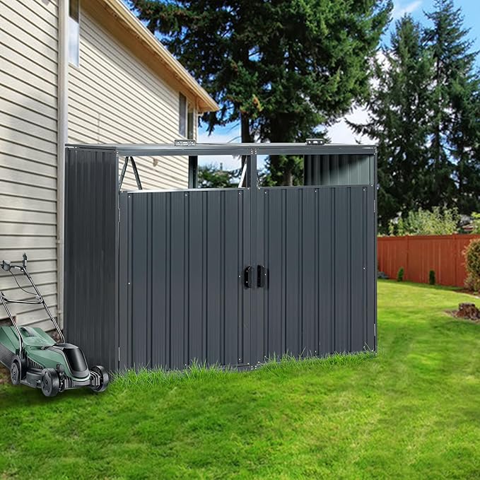 Garbage Bin Storage Shed for 2 Trash Cans Outdoor Metal Enclosure Charcoal Galvanized Steel Garbage Can Holder Hide Utility Bin Shelter Garden Yard
