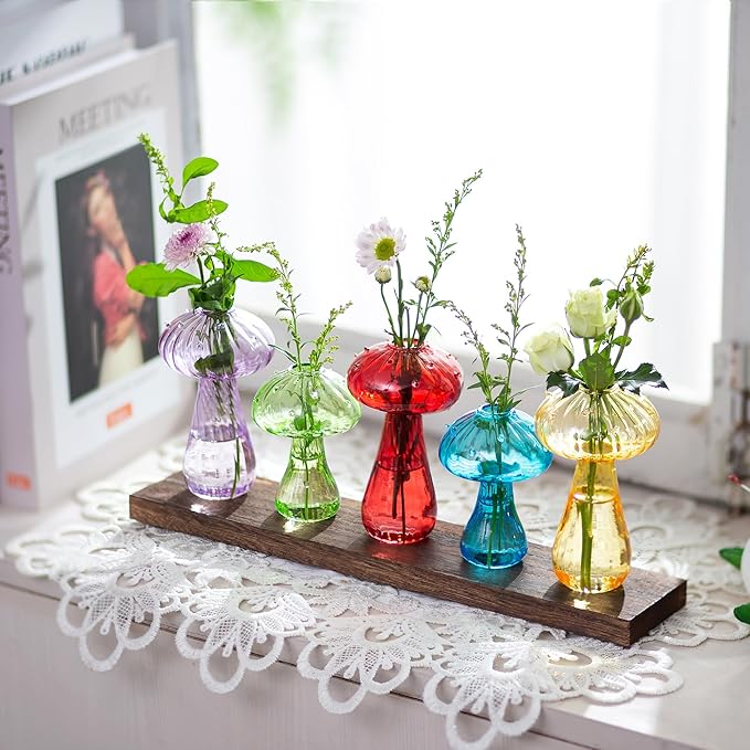 Glasseam Mushroom Plant Propagation Station: Cute Glass Terrarium Jar with Wooden Stand Unqiue Planters for Indoor Plants Hydroponic Glass Bud Flower Vase for Home Office Decor for Women