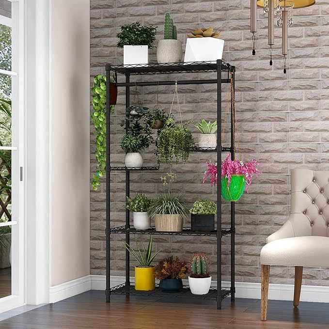 Xiofio Plant Stand for Indoor Outdoor,Metal Plant Stands,Adjustable Plant Shelves with Hanging Rod for Bedroom Living Room Balcony Garden,Black