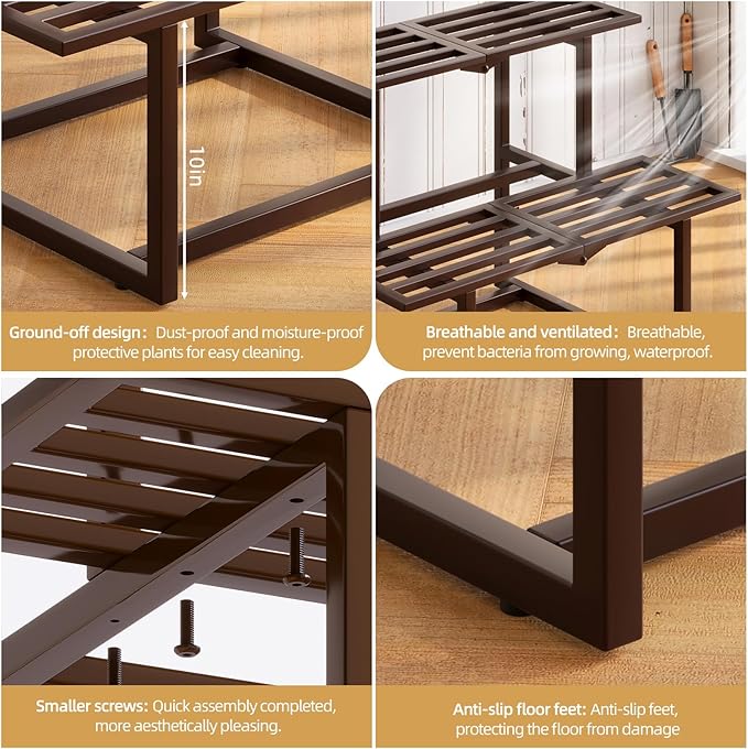 Metal Plant Stand Indoor, Outdoor Iron Plant Shelf, Heavy Duty Slatted Display Shelf for Patio Balcony Garden Living Room Load Bearing 330 LB 26" L x 20.2" H x 17.7" W 2 Tier Coffee