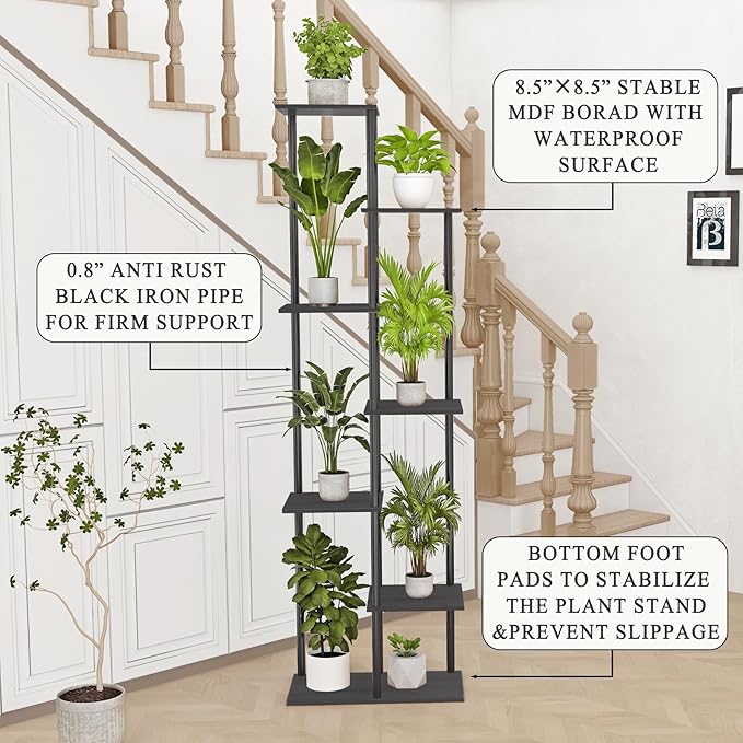 Plant Stand Indoor 7 Tier 8 Potted Metal Wood Plant Shelf, Multiple Flower Pots Corner Tall Plant Holder Stands for Living Room Balcony Bedroom, Black