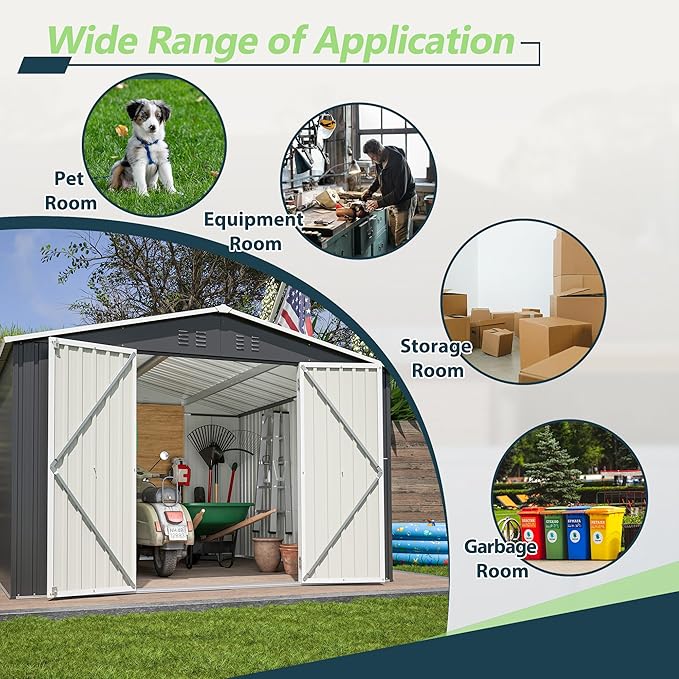 10x10 FT Outdoor Storage Shed, Large Metal Garden Shed with Lockable Hinged Doors, Outside Tool Shed with Sloped Roof & 4 Air Vents, Waterproof Storage Building for Backyard, Patio, Lawn, Black