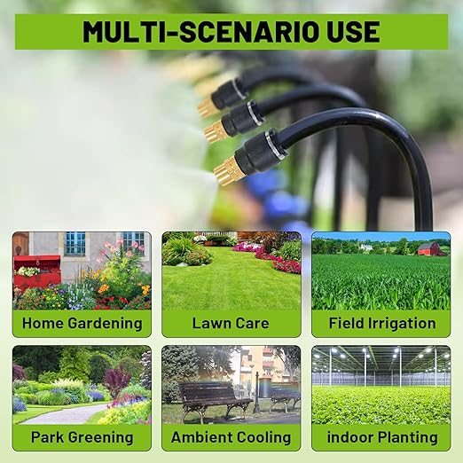 Drip Irrigation Kit - 100 FT. Hose Sprinkler System with 360° nozzles and T-connectors for Gardens, lawns, Plants, Flower beds, Trees, patios and hydroponics (Closeable nozzle-16)