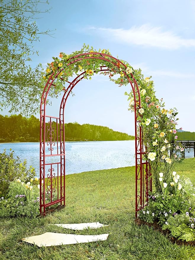 Plow & Hearth Arch Metal Outdoor Garden Arbor, 84 inches Tall, Iron Trellis Lattice for Climbing Plants, Wedding Arch, Outdoor Patio Décor (Red)