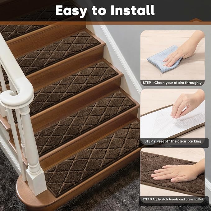 JOENIE Non-Slip Edging Stair Treads Carpet Mat 30inX8in Indoor Stair Runners for Wooden Steps, Edging Stair Rugs for Kids and Dogs, 100% Polyester TPR Backing (Brown, 12pc)