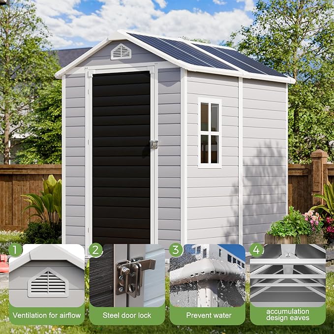 HUSFU Outdoor Resin Storage Shed 6x4 FT, Plastic Tool Shed for Bike, Garbage Can, Chicken Coop, Outside Sheds with Lockable Door for Backyard, Patio, Lawn, Light Grey