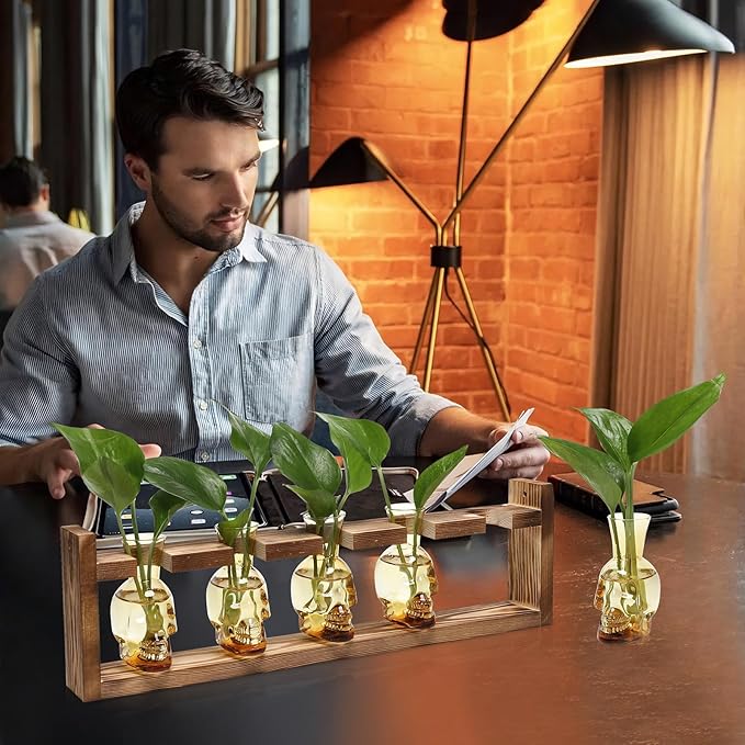 Plant Terrarium Propagation Stations Halloween Skull Planter Vase Skulls Decor with Wooden Stand Gife for Father - 5 Vases