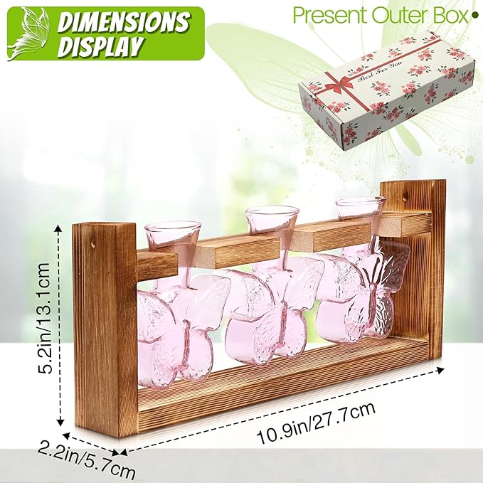 Glass Plant Propagation Station Butterfly Vases for Plants Birthday Gifts for Women Mom Office Home Decoration with Wooden Stand