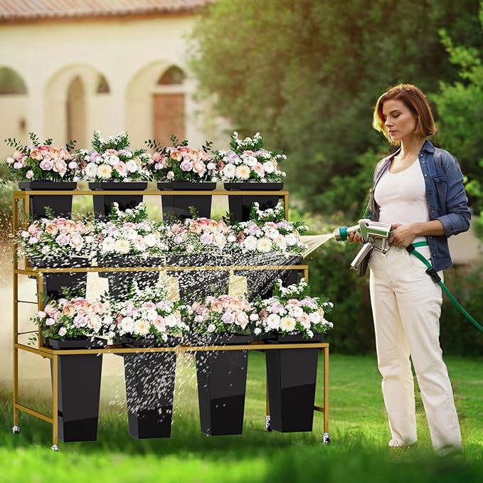 3-Layer Metal Flower Stand with 12 Buckets, Black Square, 23 lbs, for Patio, Garden, Living Room