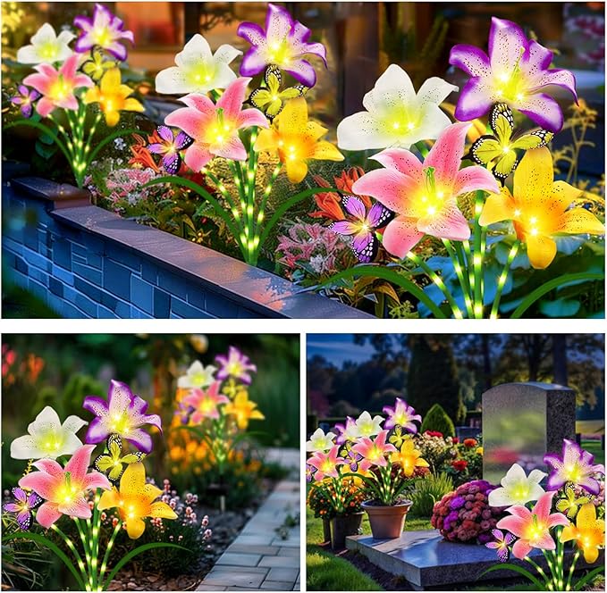 Solar Garden Lights 4 Pack 16 Lily Flowers with Butterfly Decor, Christmas Birthday Gifts Solar Flower Lights for Outside,Cemetery Flowers for Grave - Decorative Lilies for Yard, Patio, Pathway