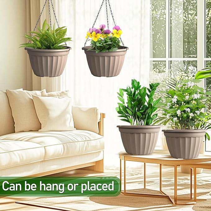 FGstyle Hanging Planters 9.8 Inch, 4 Pcs Self Watering Pots for Indoor Plants,Plastic Hanging Basket with Soil Elevator and 20" Chain for Home Garden Porch Balcony Patio Decor(Beige)
