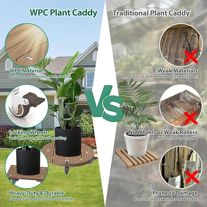 mondaria 2 Pack Plant Caddy with Wheels, 13.8" Wood Plastic Composite Plant Stand, Heavy Duty Round Plant Dolly with Metal 360° Lockable Caster Wheels for Large Plant Pots, Flower Pot ,Brown