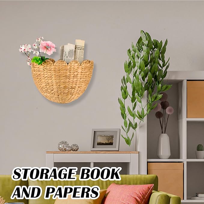 Scalloped Wicker Wall Basket 14"L x 11"W x 7"H, Handwoven Hanging Wall Organizer for Boho Home Décor, Natural Rattan Storage Basket for Living Room, Entryway, Kitchen