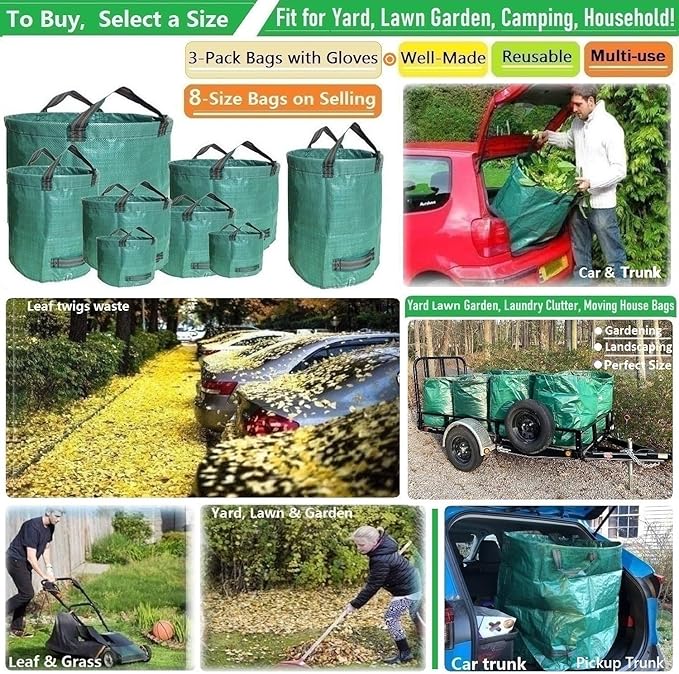 Standard 3-Pack 32 Gallon Lawn Garden Bags (D18,H30 inch) Yard Waste Bags with Gardening Gloves - Reusable Leaf Bags,Yard Debris,Trash Container,Plant Trimmings Bag,Grass Clippings,Weeds Bag 4 Handles