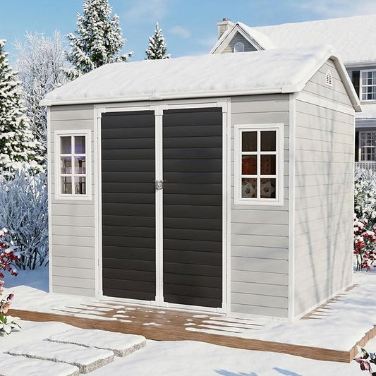 Outdoor Resin Storage Shed 8x6x7 FT with Floor 2 Windows, Reinforced Frame Large Waterproof Plastic Garden Sheds Kit with Base for Backyard Patio Lawn Tools Storage, Gray