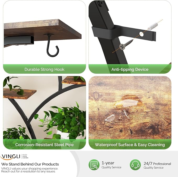 VINGLI 61" Tall Plant Stand with Grow Light, 10-Tier Indoor Plant Shelf with LED Light Strips, Tree-Shaped Metal Rack for Indoor Growing, Black