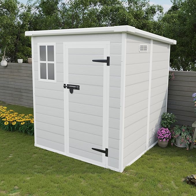 6x6 FT Storage Shed,Garden House with Lockable Doors and Vents,Waterproof Resin Outdoor Tool Cabinet W/Floor & Window,for Bicycles,Lawnmowers,Lawn,All Weather Use,Light Gray
