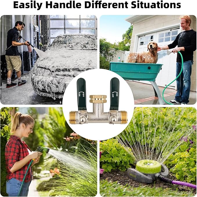 Hose Splitter 2 Way, Brass High Flow Garden Hose Splitter Heavy Duty, Hose Connector, Water Spigot Splitter, Full Flow Faucet Splitters with shutoff, 3/4” GHT Inlet