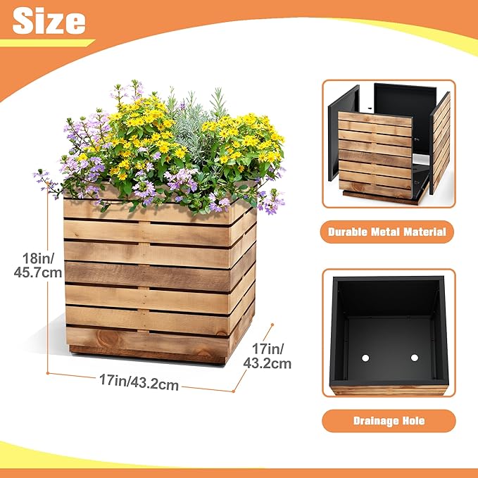 FENCY Metal Planter Box, Large Rectangular Planters for Outdoor Plants, Outdoor Tall Planters with Drainage Holes, Walnut Finish Metal Planters (17″ × 17″ × H18″)