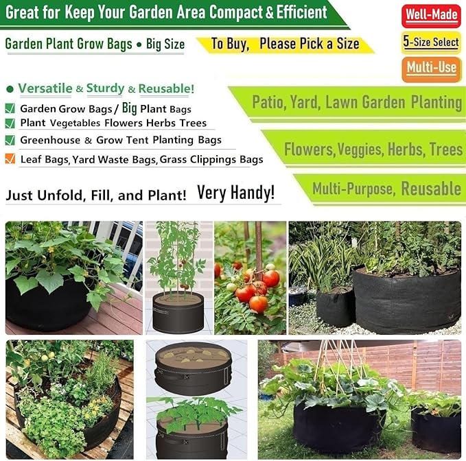 3-Pack 75 Gallon Thickened Plant Grow Bags Large (34x20 in) Heavy Duty Garden Bag Fabric Plant Pots for Tomato,Potato Planter,Herbs Veggies Planting,Flower Pots,Barrel Planter,Yard Waste Bag,Leaf Bags