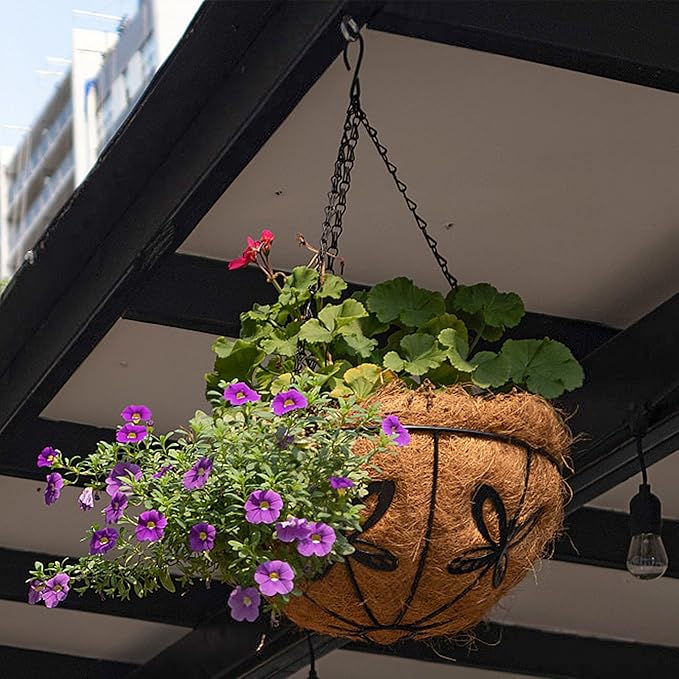 Hanging Baskets Planter for Plants, 2 Pack 10 Inch Round Metal Wire Hanging Flower Pots with Coco Coir Liner Chain, Plant Holder for Home Garden Balcony Decor (10in, Round)