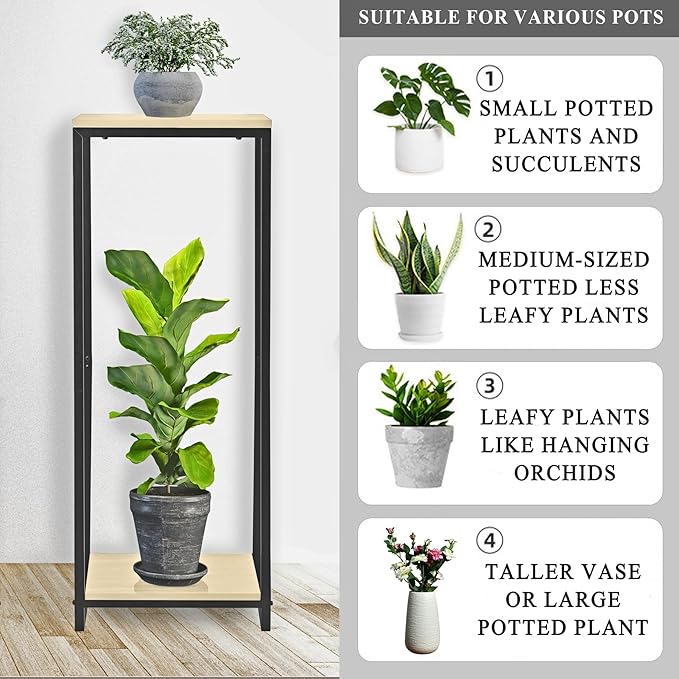 34" Tall Plant Stand Indoor, 2-Tier Modern Plant Shelf, Corner Flower Pot Holder Organizer for Living Room Balcony Patio Garden (Light Oak)