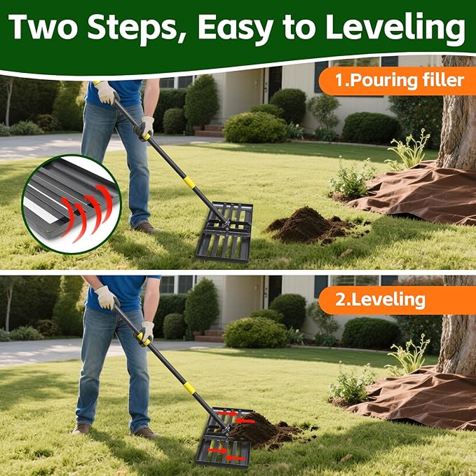 Lawn Leveling Rake 30”x10” Large Heavy Duty Metal Lawn Leveler with 65” Long Adjustable Handle Proffesional Yard Leveling Rake for Soil Dirt Sand Compost Efficient Folding Lawn Leveling Tool