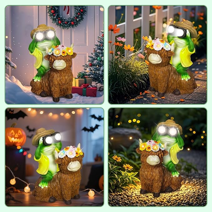 for Women Solar Frog Sitting on Highland Cow Statue with Flower Outdoor Garden Decor,Highland Cow Gifts for Women Mom,Frog Figurine Decorative LED Lights for Yard Patio Porch Lawn