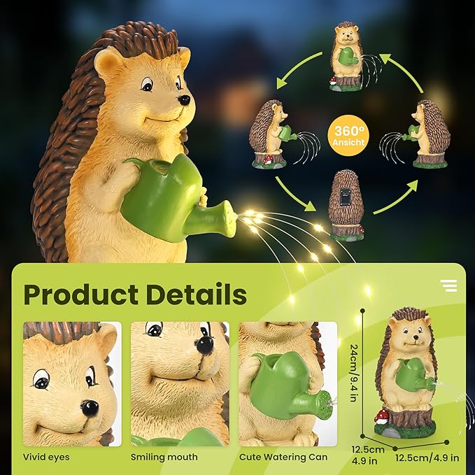 GIGALUMI Solar Garden Decor Watering Hedgehog Statues, Outdoor Decor for Yard Art Lawn Ornaments Porch Patio Balcony Home House. Birthday Gifts for Women Mom Grandma