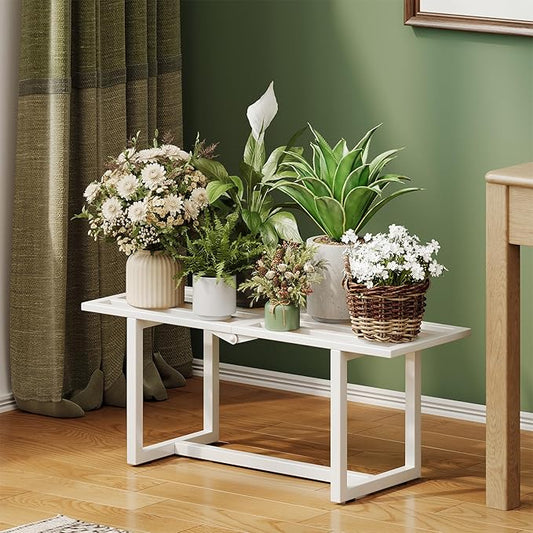 2 Pack Metal Plant Stand Indoor, Outdoor Iron Plant Shelf, Heavy Duty Slatted Display Shelf for Patio Balcony Garden Living Room Load Bearing 330 LB 26" L x 10.4" H x 8.6" W 1 Tier White
