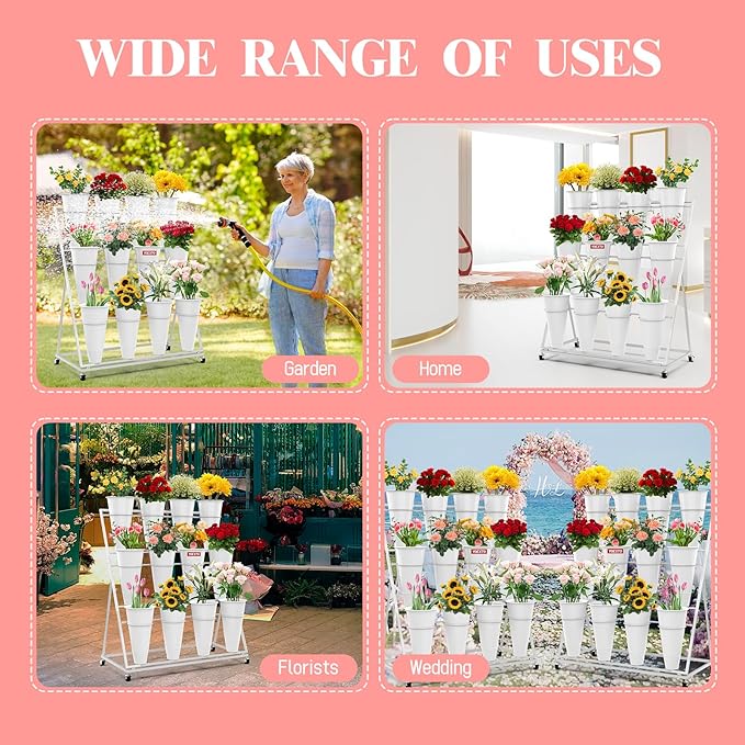 Flower Display Stand with Buckets, 3-Layers 12 PCS Buckets Plant Stand with Wheels, Movable Metal Plant Stand for Terrace Garden, Living Room, Florist Shop (White Frame - White Buckets, 3-Tier)