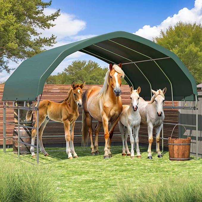 YOLENY 12'x12' Corral Shelter, Heavy Duty Round Style Canopy, Green, Waterproof and UV Treated Universal Cover, Easy Assembly Stable and Agricultural Storage and Shade Shed Kit for Livestock