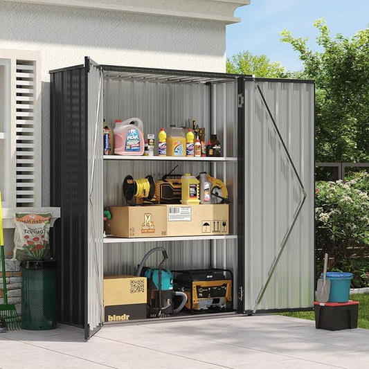 Outdoor Storage Cabinet Outdoor Metal Shed with 2 Adjustable Shelves 3 Layer Indoor& Outdoor Waterproof Vertical Storage Shed for Patio Garden, Garage, Porch (Black, 4.5'x1.4')