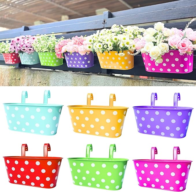 LaLaGreen Outdoor Hanging Planter (11.2 Inch, 6 Pack) Light Blue, Neon Pink, Dark Purple, Yellow, Red Cute Metal Iron Flower Pots Bucket Colorful Polka Dot Herb Deck Railing Fence Bucket Patio Decor