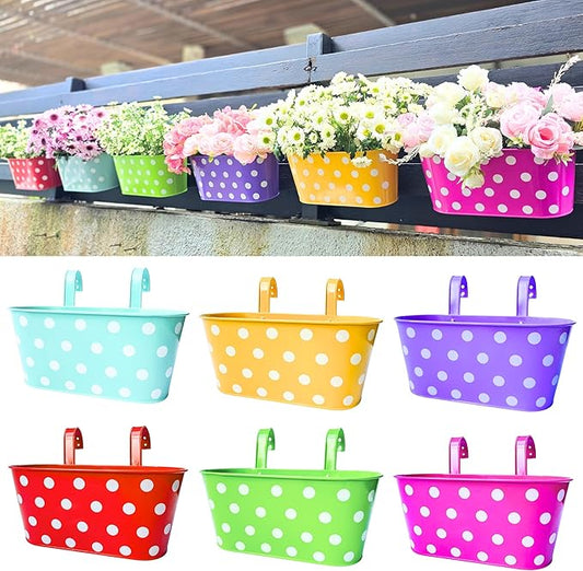 LaLaGreen Outdoor Hanging Planter (11.2 Inch, 6 Pack) Light Blue, Neon Pink, Dark Purple, Yellow, Red Cute Metal Iron Flower Pots Bucket Colorful Polka Dot Herb Deck Railing Fence Bucket Patio Decor
