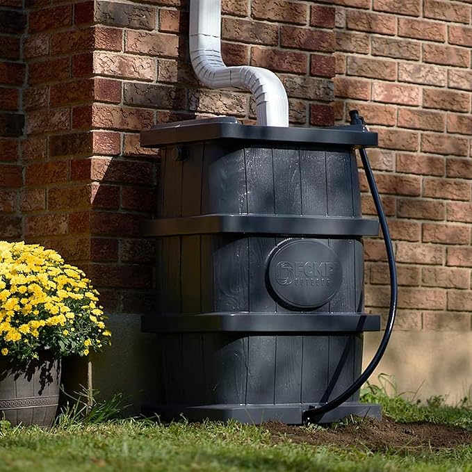 FCMP Outdoor Slim Line Design 45-Gallon Wood Grain Outdoor Home Rain Water Catcher Barrel Flat Back Container with Spigots and Mesh Screen, Grey