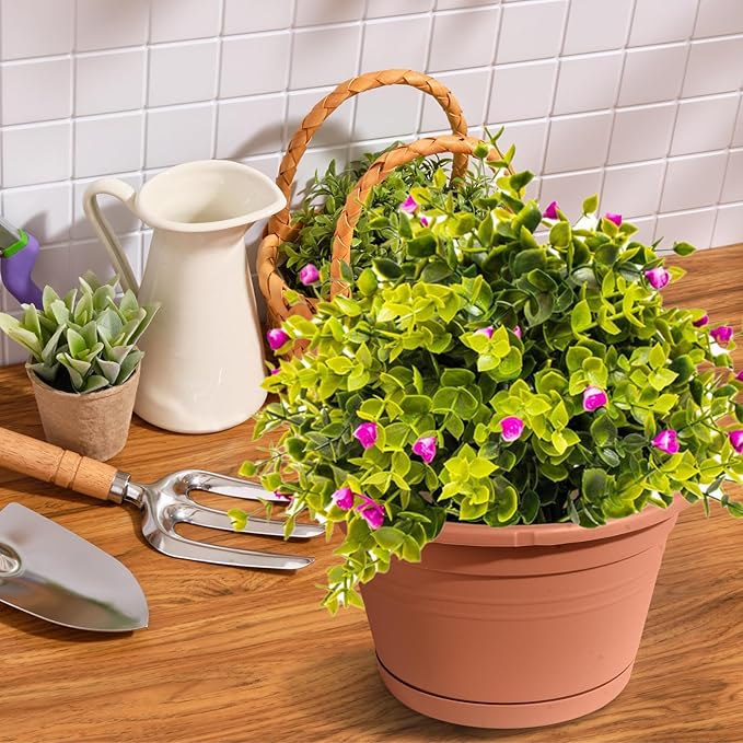 VIDELLY 4 Pcs Hanging Planters for Indoor Plants,10" Large Plastic Hanging Basket Pots with Drainage Trays & Chain Holder for Outdoor Indoor Plants Garden Balcony Decoration, Brown