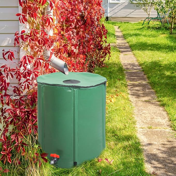 Collapsible Rain Barrel, 50 Gallon Portable Rainwater Collection System, Rain Water Barrel Collector with Volume Scale Mark, Spigots and Overflow Kit, Rain Catcher Barrel for Garden, Green