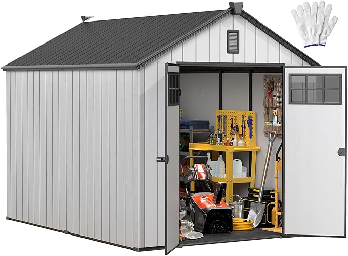 DWVO 8x10 FT Outdoor Storage Shed, 544 cuft Plastic Storage Shed with Floor & Lockable Door, All-Weather Tool Garden Shed with Window & Vent for Patio Furniture, Lawn Mower, Pool Supplies, Dark Gray