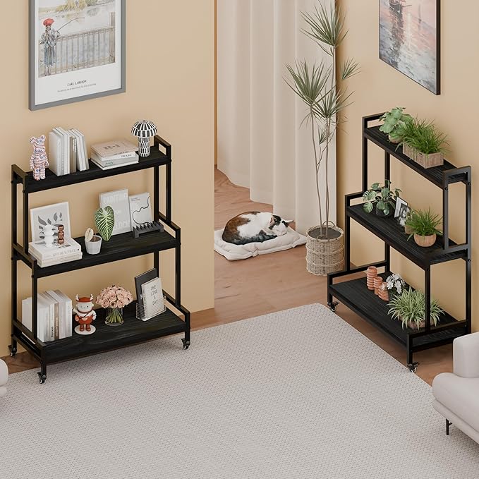 Plant Stand Indoor with Wheels 37” H, Rolling Plant Shelf Rack Outdoor,Metal Plant Stands with Solid Wood for Multiple Plants,Industrial Ladder Plant Flower Shelf for Garden,Living Room,Black