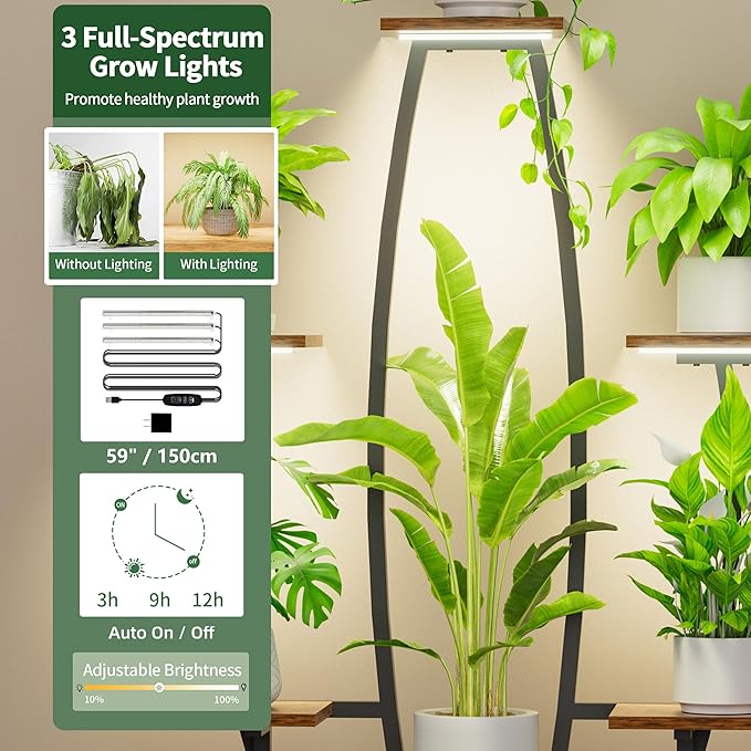 JUSTOGO Plant Stand Indoor with Grow Lights - 7 Tiered Large Plant Shelf, 47" Corner Shelf for Indoor Plants Multiple, Metal Flower Holder Curved Display Rack for Living Room, Home Decor, Patio