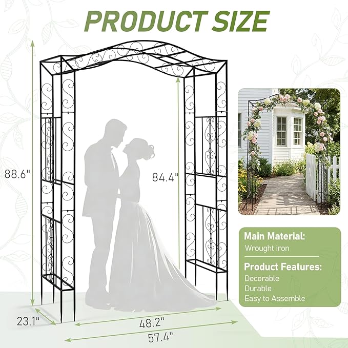 Outvita Garden Arch Trellis, Metal Garden Arbor Archway for Climbing Plants Outdoor - Durable Iron Garden Arbors with Long Ground Stakes, for Garden Wedding Party Decoration